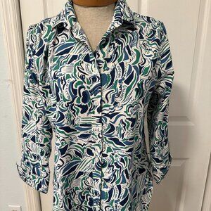 Chico's Size 0 (4) blue green, white abstract blouse button down 3/4 sleeves